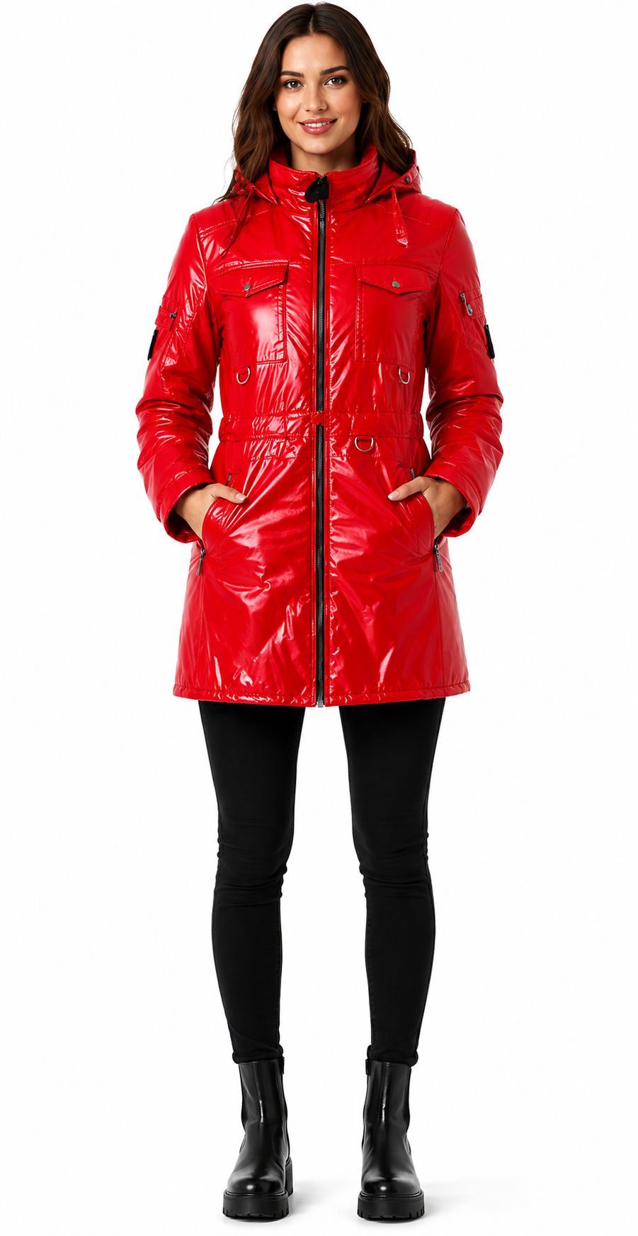 Women's Red Glossy Hooded Rain Jacket