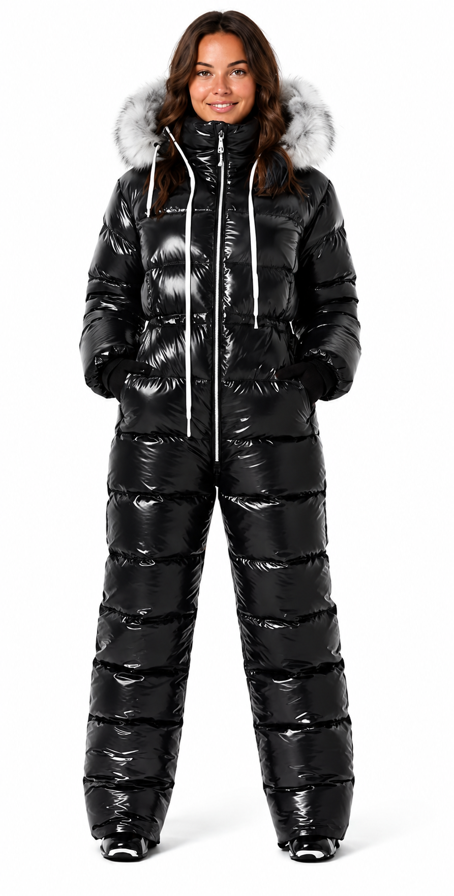 Women's Shiny Nylon Snowsuit Hooded Insulated Winter with Faux Fur Trim