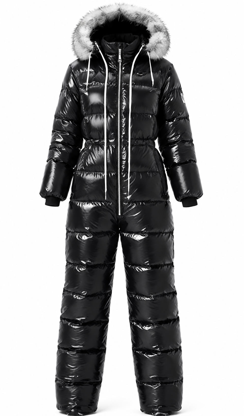 Women's Shiny Nylon Snowsuit Hooded Insulated Winter with Faux Fur Trim