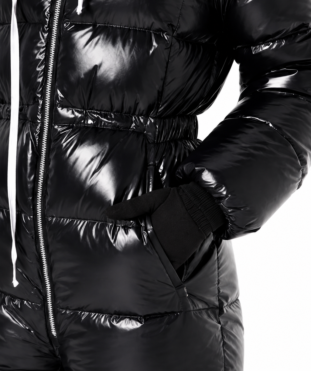 Women's Shiny Nylon Snowsuit Hooded Insulated Winter with Faux Fur Trim