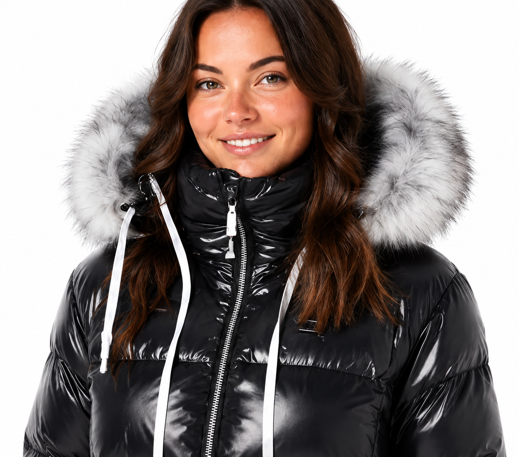 Women's Shiny Nylon Snowsuit Hooded Insulated Winter with Faux Fur Trim