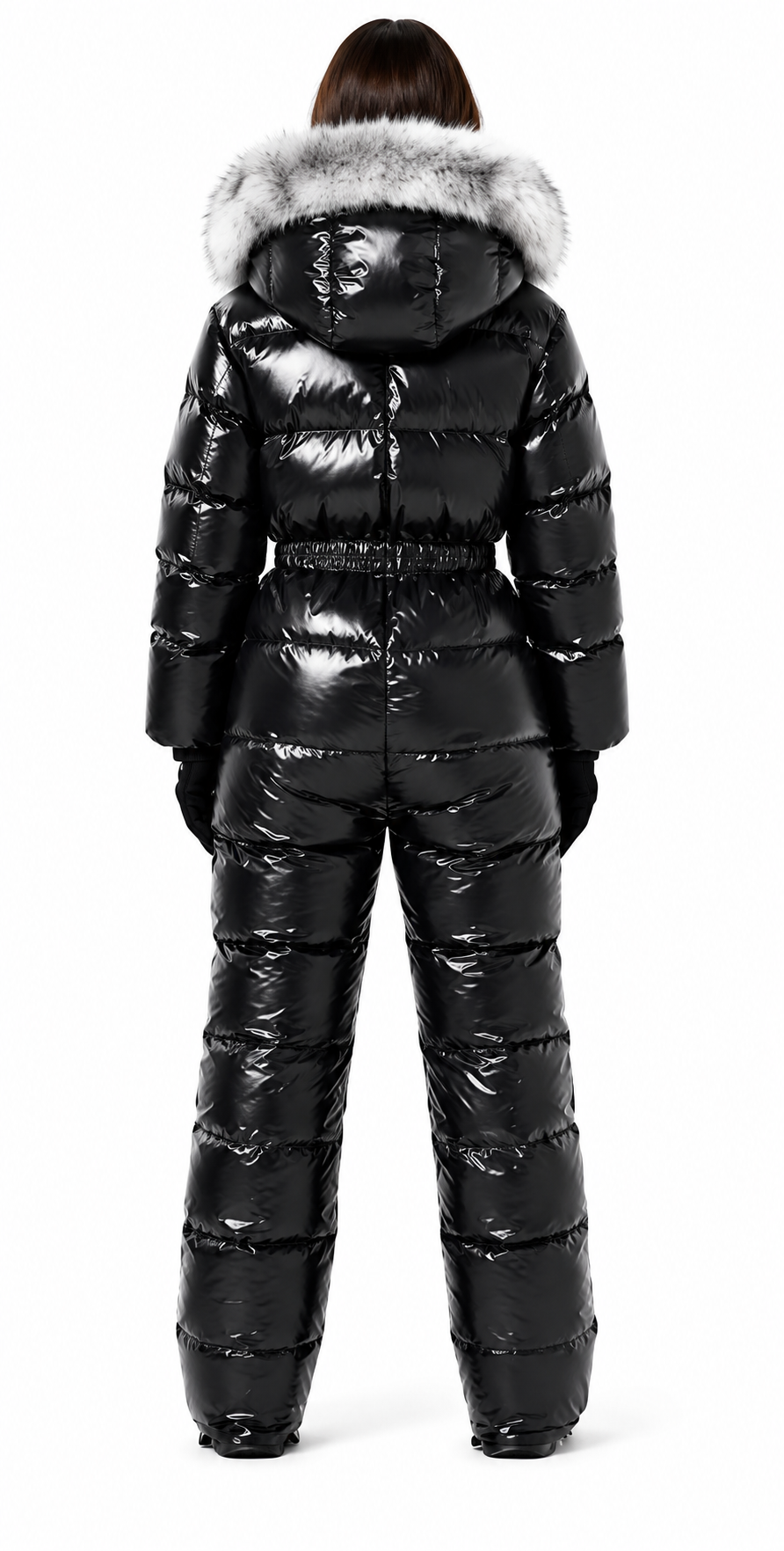 Women's Shiny Nylon Snowsuit Hooded Insulated Winter with Faux Fur Trim