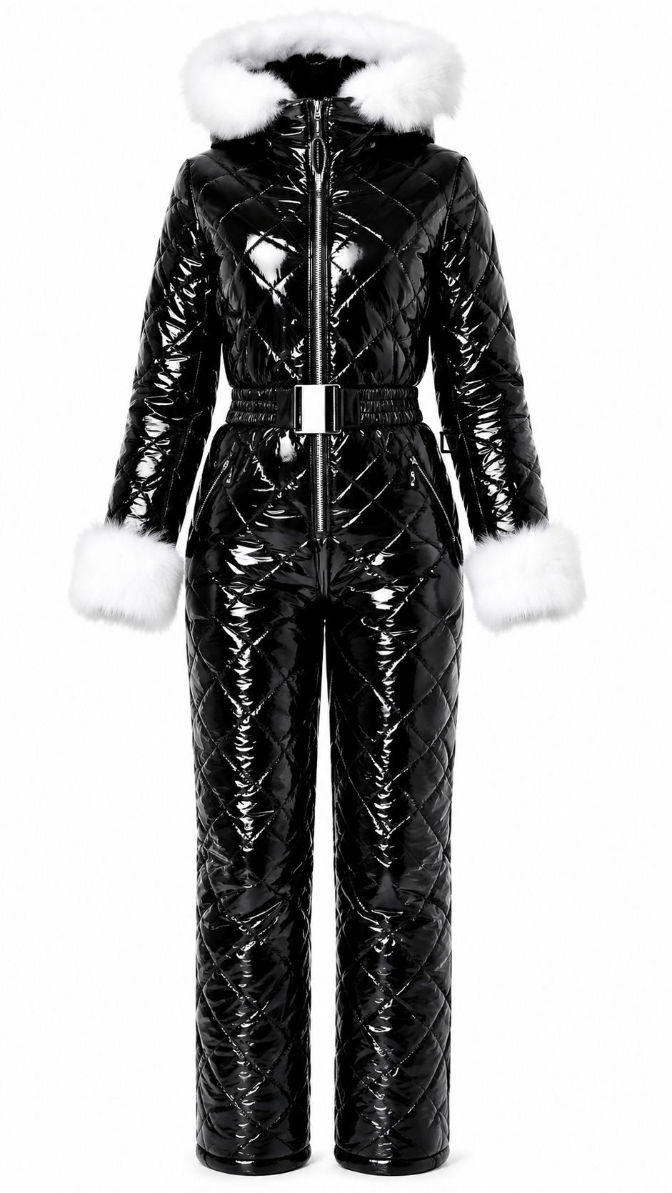 Women's Shiny Black Nylon Quilted Snowsuit with Faux Fur Hood