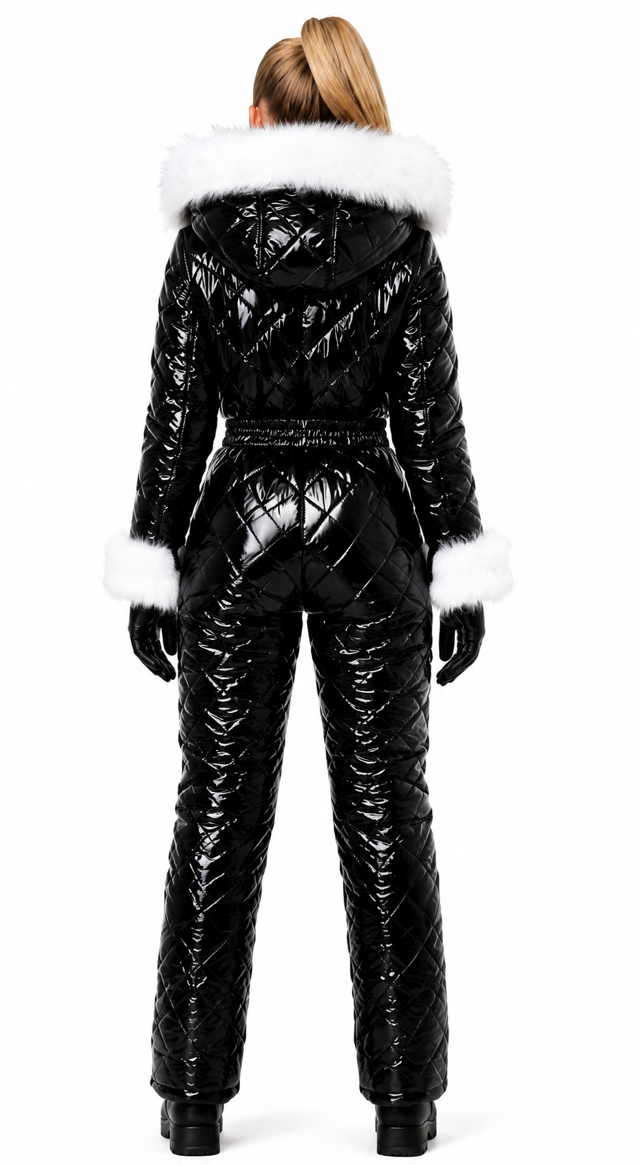 Women's Shiny Black Nylon Quilted Snowsuit with Faux Fur Hood