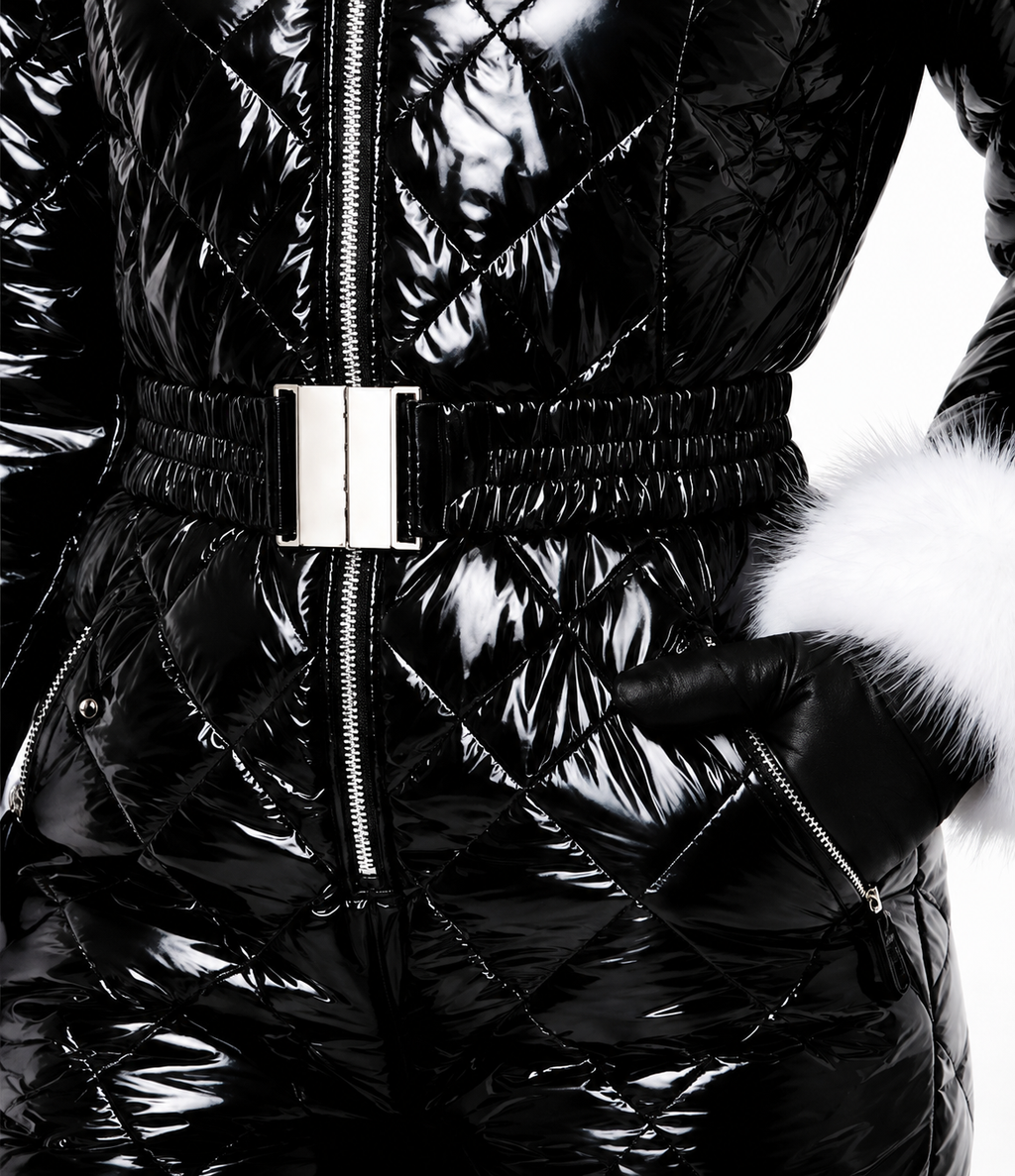 Women's Shiny Black Nylon Quilted Snowsuit with Faux Fur Hood