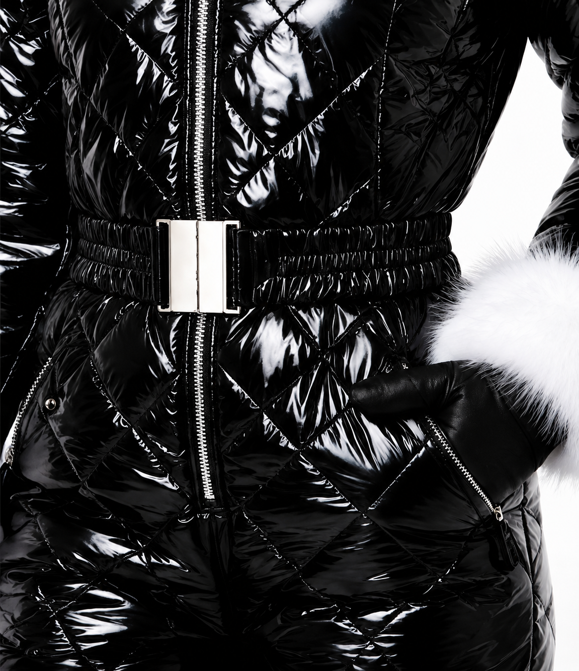 Women's Shiny Black Nylon Quilted Snowsuit with Faux Fur Hood