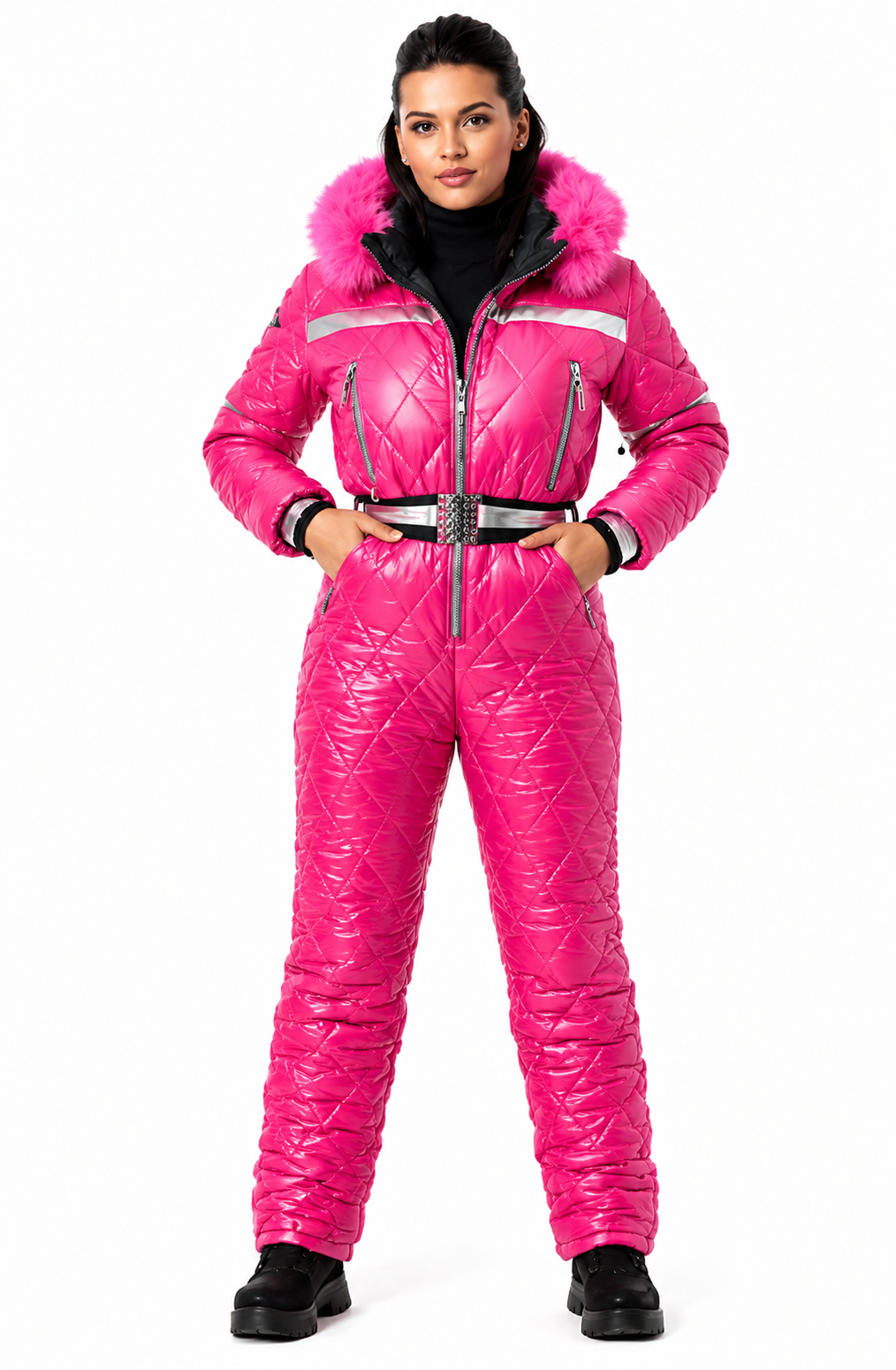 Women's Shiny Nylon Pink Quilted Ski Suit with Faux Fur Hood