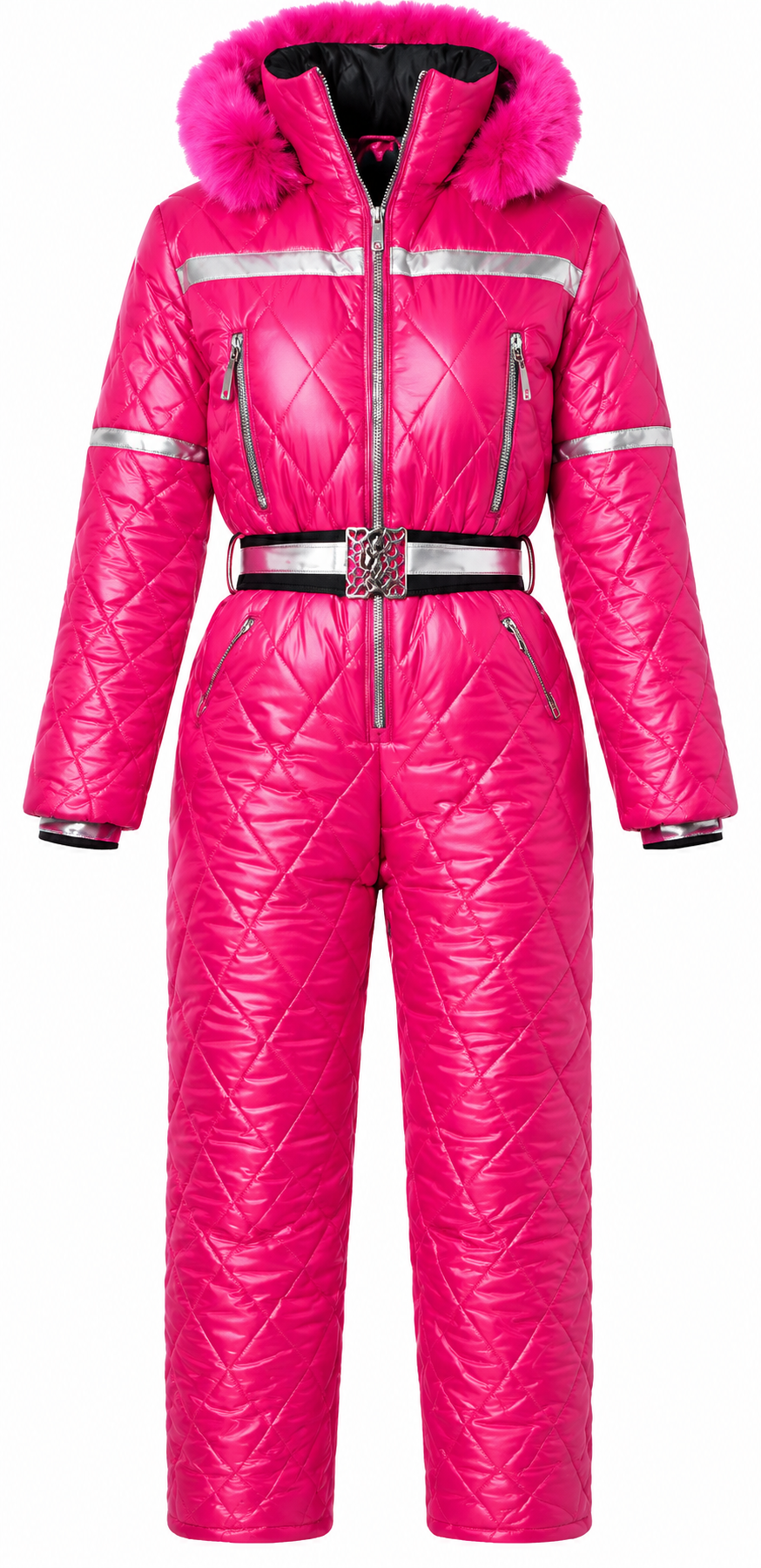 Women's Shiny Nylon Pink Quilted Ski Suit with Faux Fur Hood