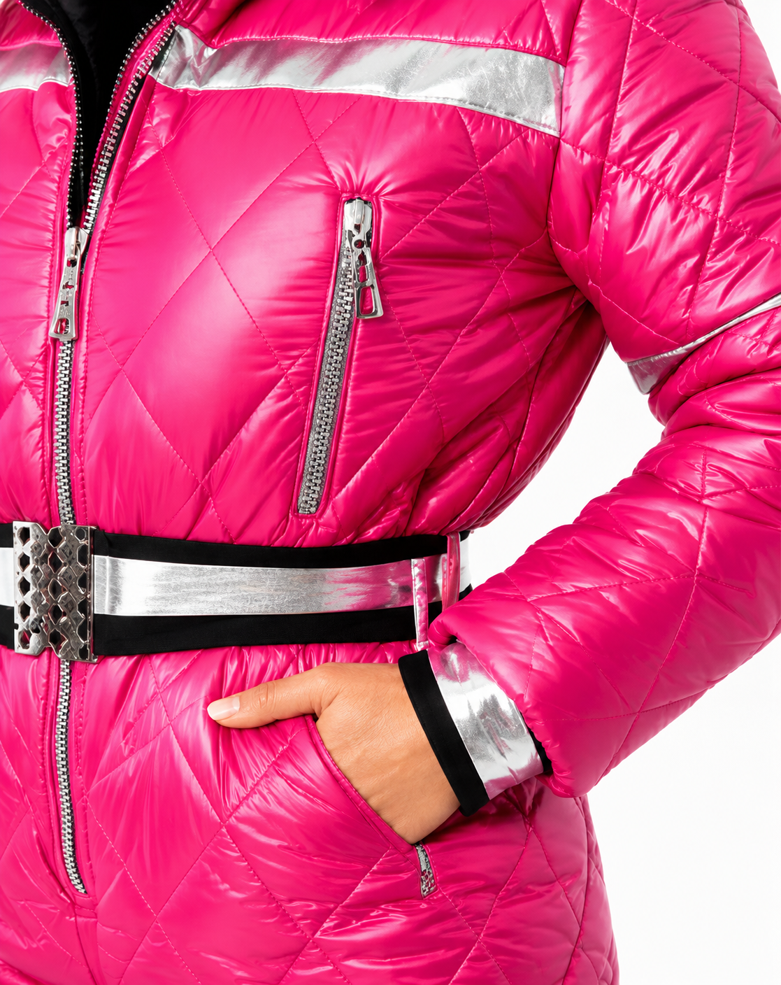 Women's Shiny Nylon Pink Quilted Ski Suit with Faux Fur Hood