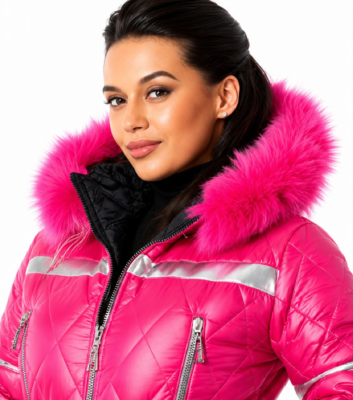 Women's Shiny Nylon Pink Quilted Ski Suit with Faux Fur Hood