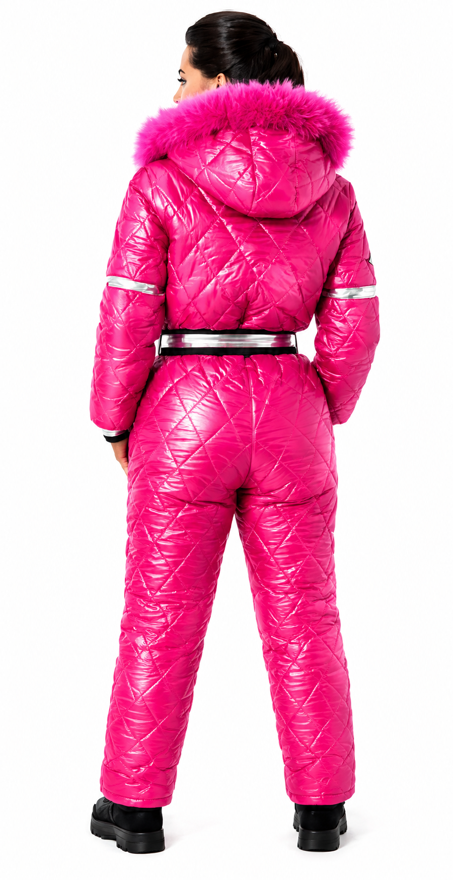 Women's Shiny Nylon Pink Quilted Ski Suit with Faux Fur Hood