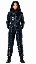 Women's Shiny Black Nylon Hooded Snowsuit