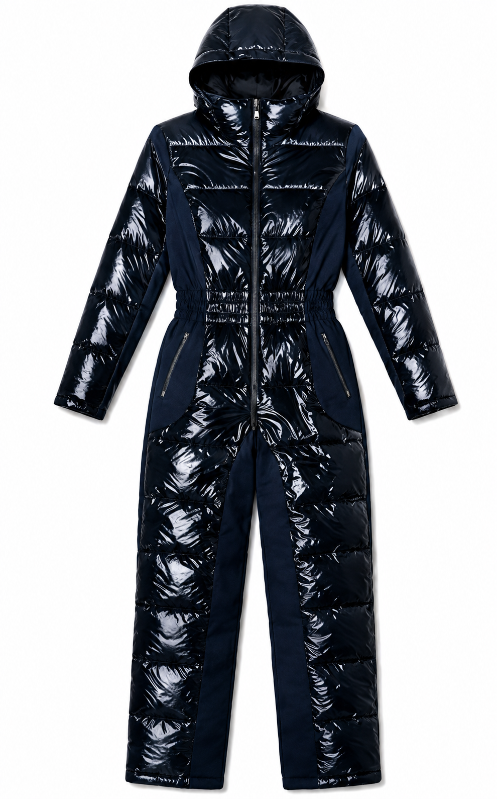 Women's Shiny Black Nylon Hooded Snowsuit