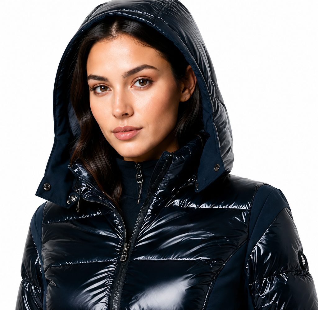 Women's Shiny Black Nylon Hooded Snowsuit