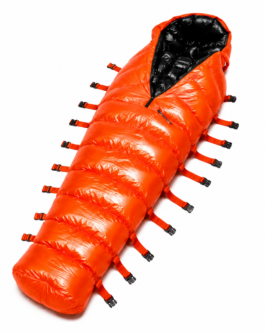 Orange Shiny Nylon Hooded Mummy Sleeping Bag