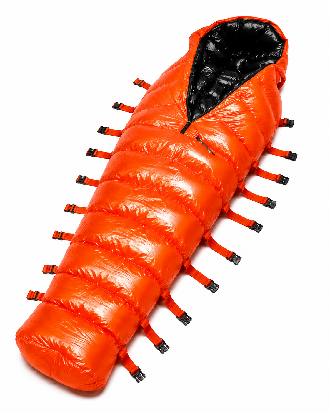 Orange Shiny Nylon Hooded Mummy Sleeping Bag