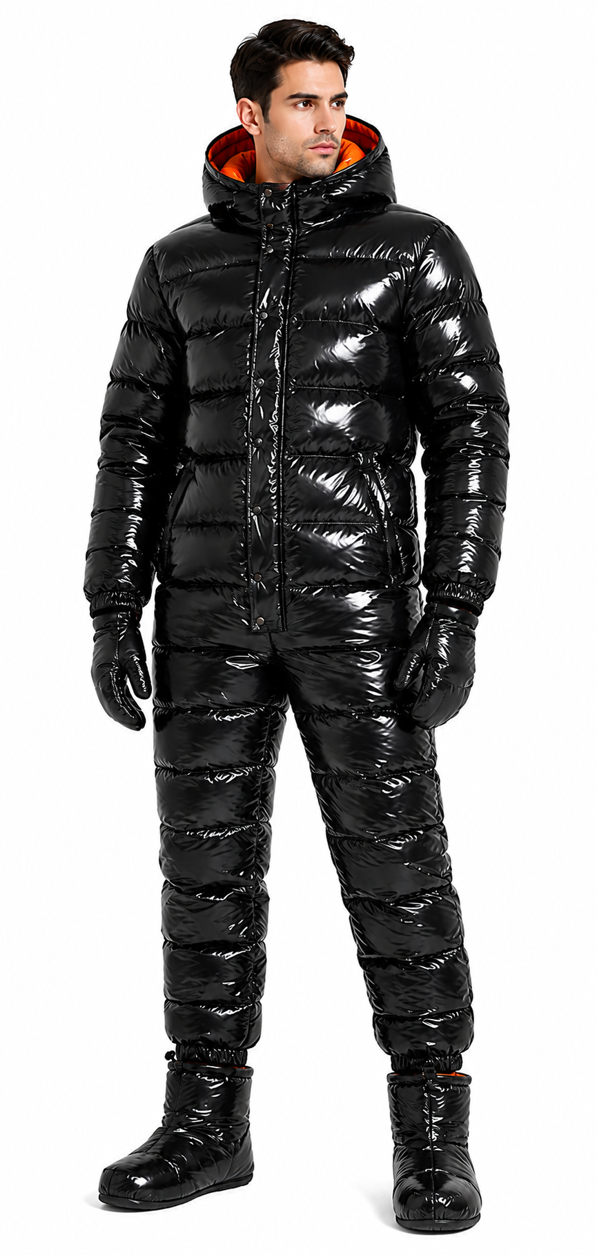 Black Shiny Nylon Full Body Puffer Suit Set