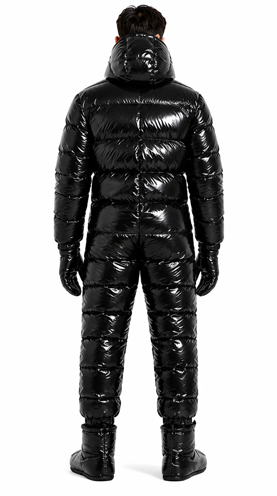 Black Shiny Nylon Full Body Puffer Suit Set