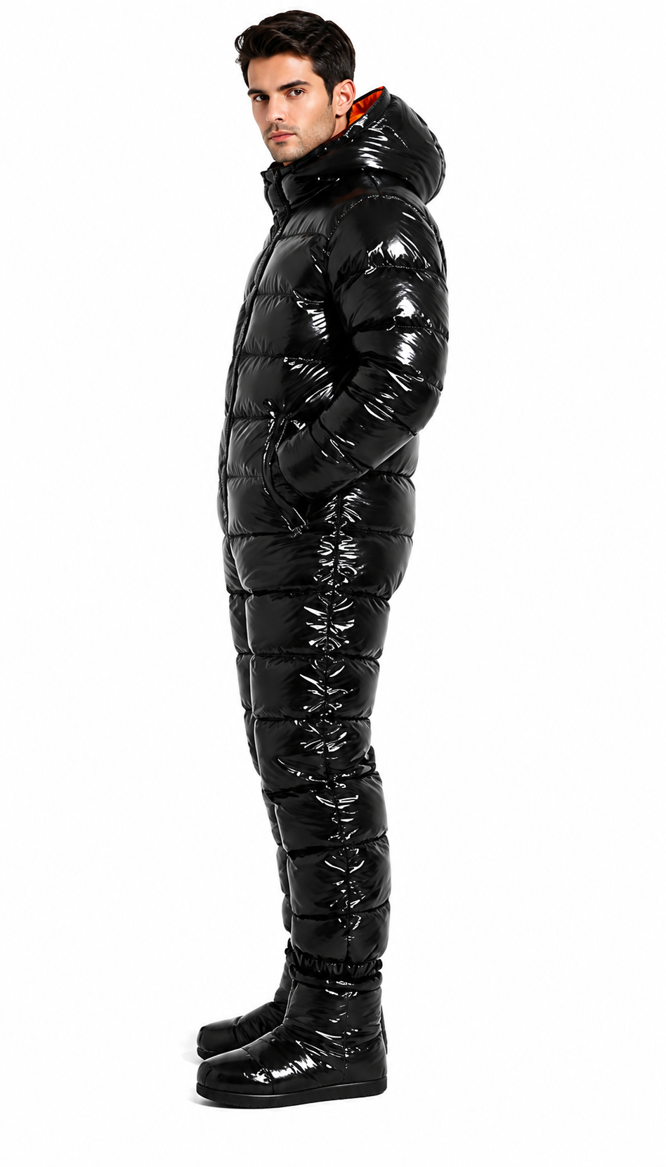 Black Shiny Nylon Full Body Puffer Suit Set