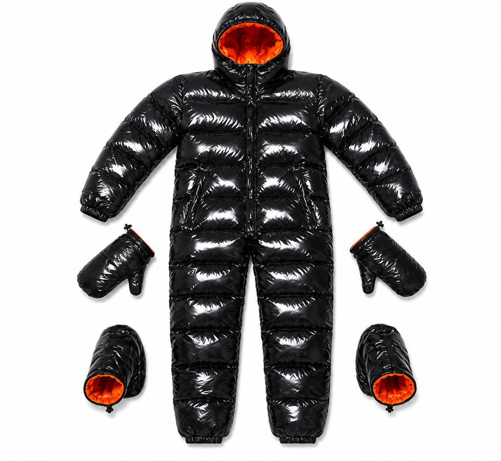 Black Shiny Nylon Full Body Puffer Suit Set