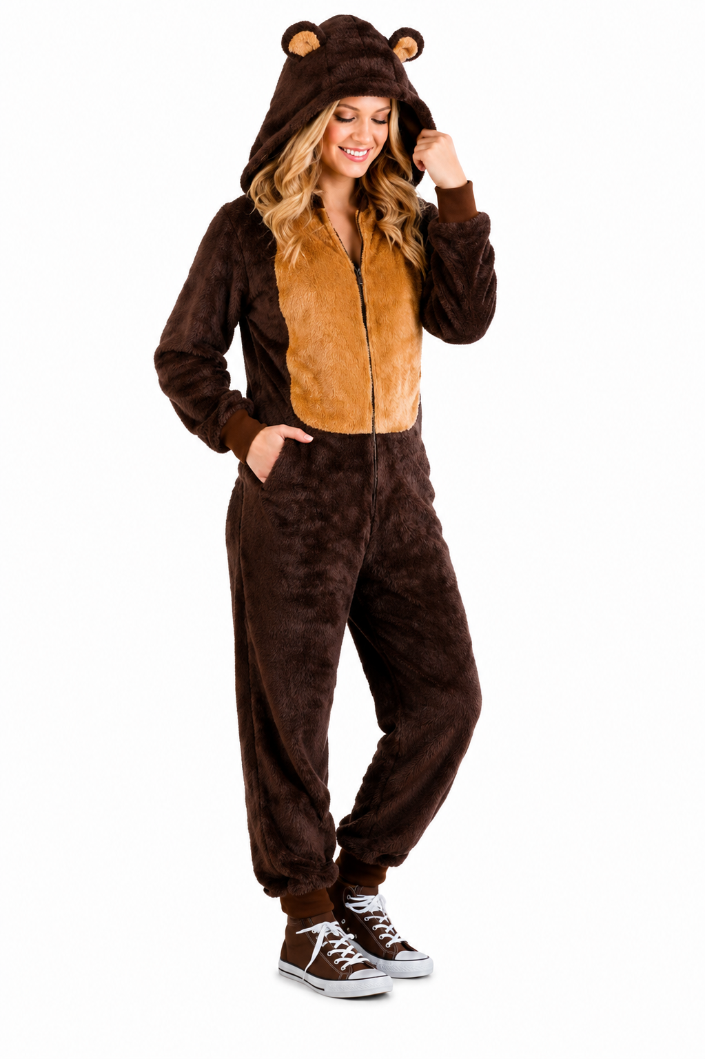 Women’s Soft Faux Fur Brown Bear Hooded Onesie Costume