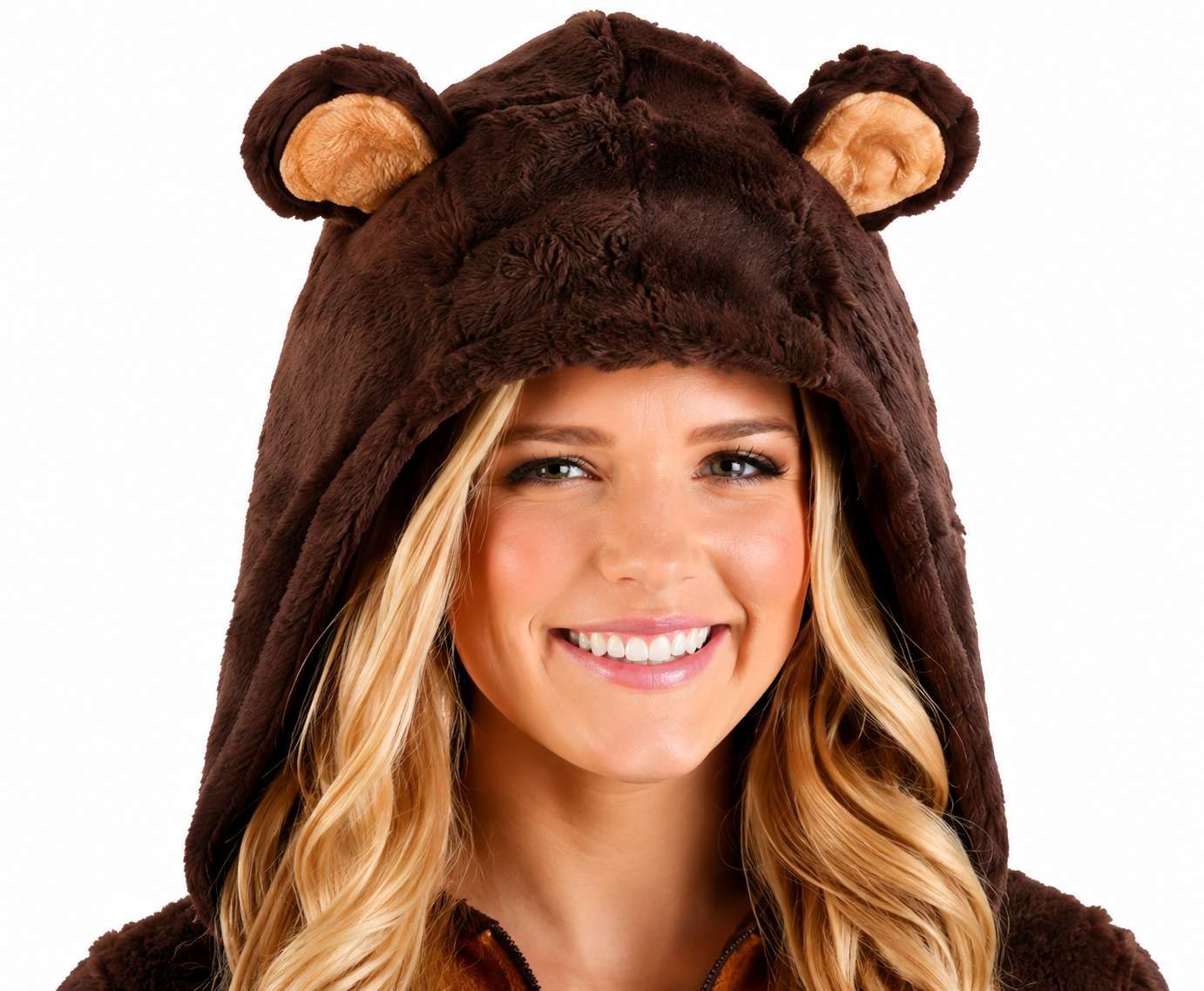 Women’s Soft Faux Fur Brown Bear Hooded Onesie Costume