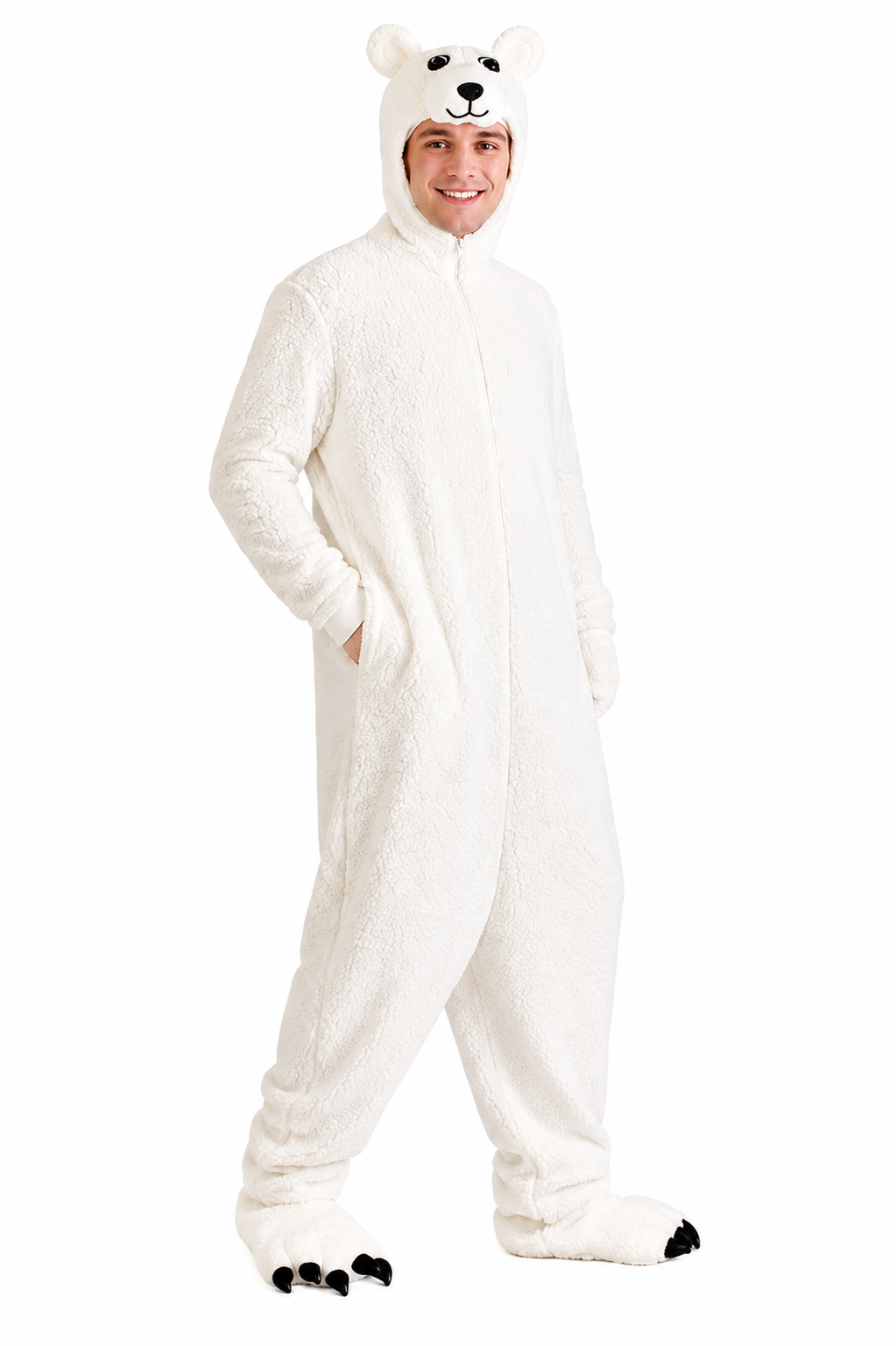 Men’s White Faux Fur Polar Bear Hooded Onesie Costume