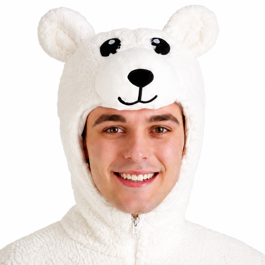 Men’s White Faux Fur Polar Bear Hooded Onesie Costume