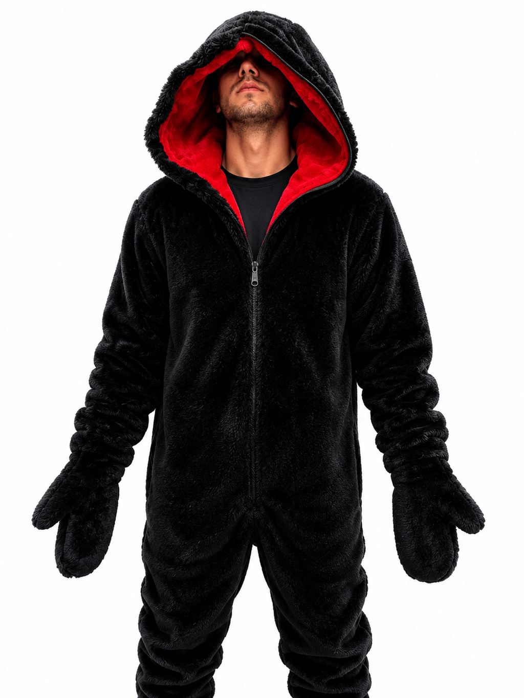 Black Rabbit Fur Full Body Suit, Faux Fur Hooded Bodysuit