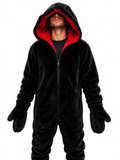 Black Rabbit Fur Full Body Suit, Faux Fur Hooded Bodysuit