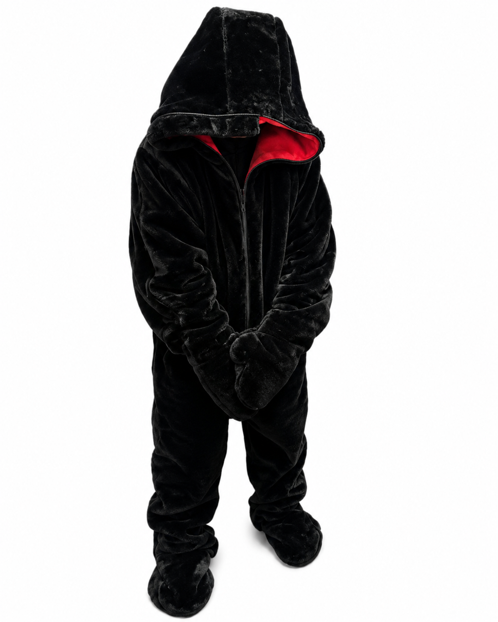 Black Rabbit Fur Full Body Suit, Faux Fur Hooded Bodysuit