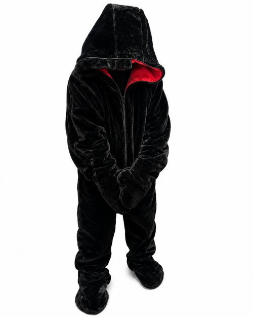 Black Rabbit Fur Full Body Suit, Faux Fur Hooded Bodysuit