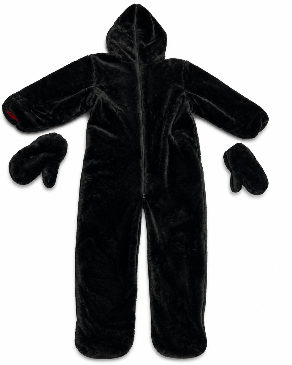Black Rabbit Fur Full Body Suit, Faux Fur Hooded Bodysuit