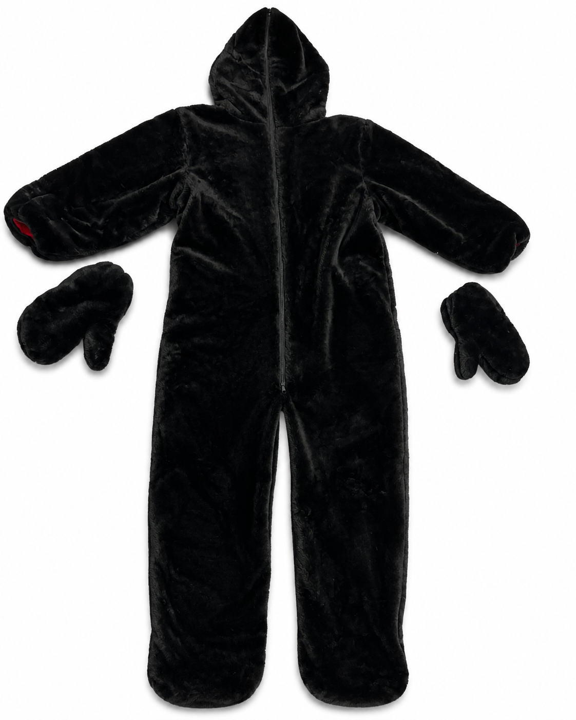 Black Rabbit Fur Full Body Suit, Faux Fur Hooded Bodysuit
