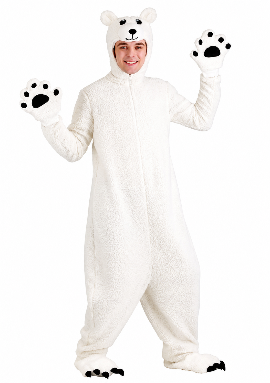 Men’s White Faux Fur Polar Bear Hooded Onesie Costume