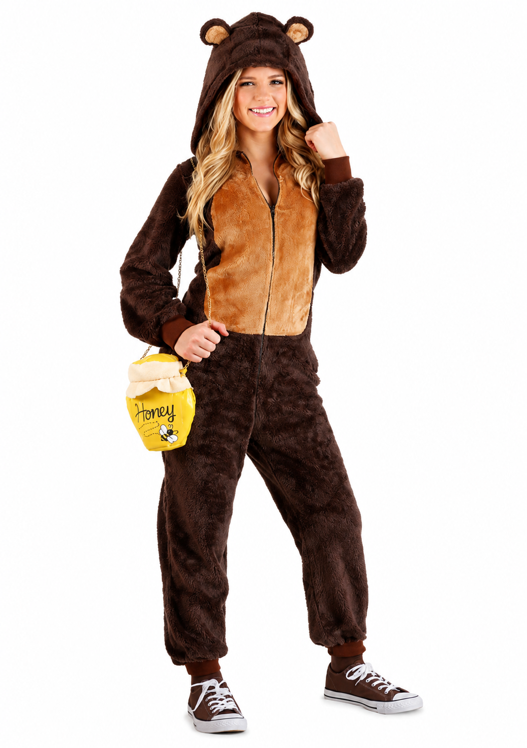 Women’s Soft Faux Fur Brown Bear Hooded Onesie Costume