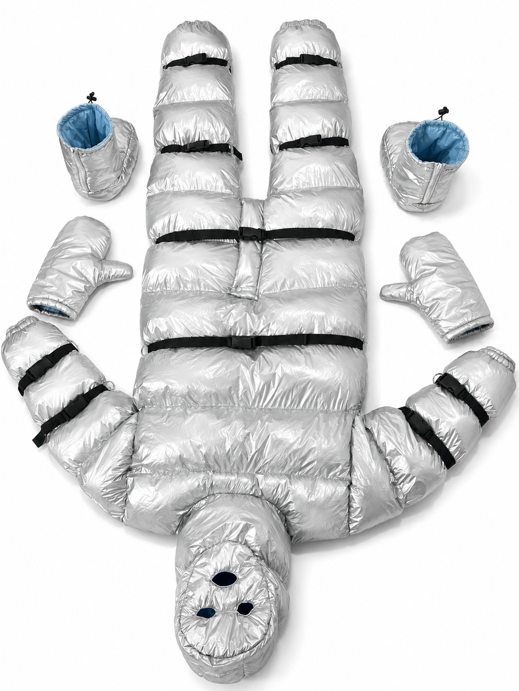 Silver Shiny Nylon Full-Body Hooded Puffer Suit
