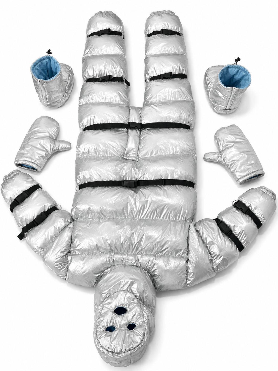 Silver Shiny Nylon Full-Body Hooded Puffer Suit