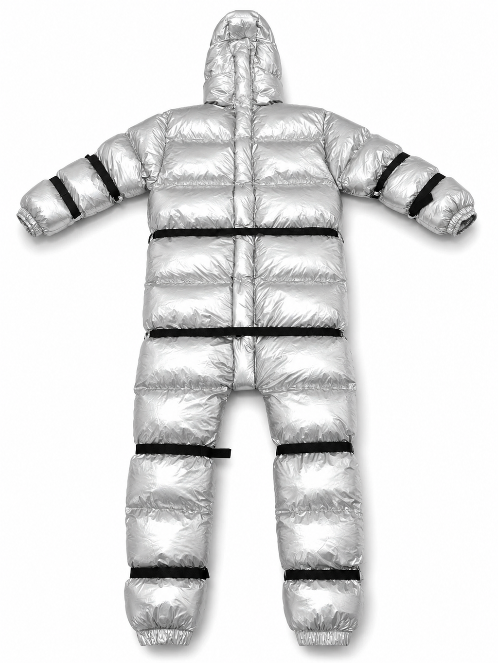 Silver Shiny Nylon Full-Body Hooded Puffer Suit
