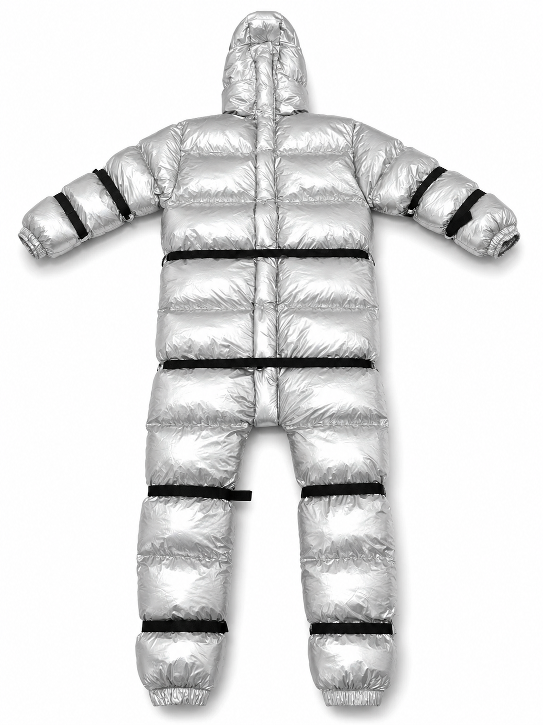 Silver Shiny Nylon Full-Body Hooded Puffer Suit