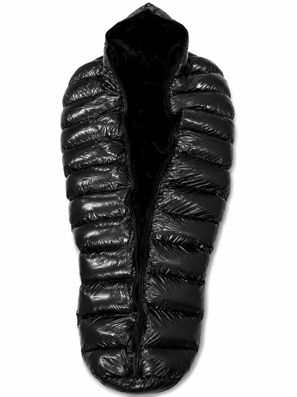 Black Shiny Nylon Fur Lined Hooded Sleeping Bag