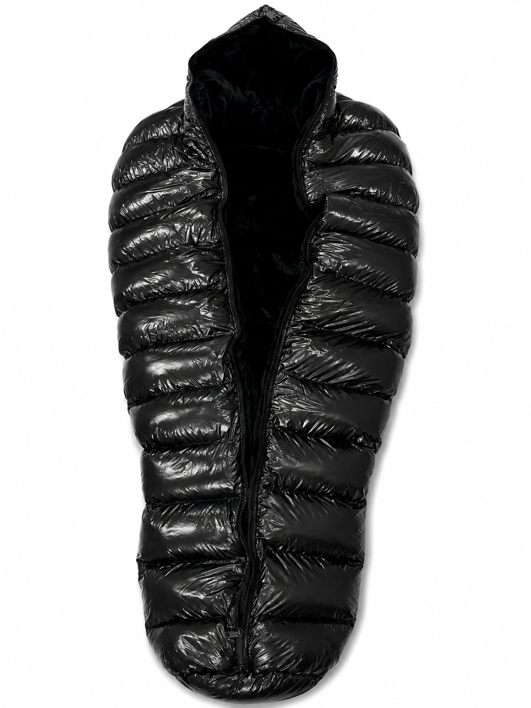Black Shiny Nylon Fur Lined Hooded Sleeping Bag