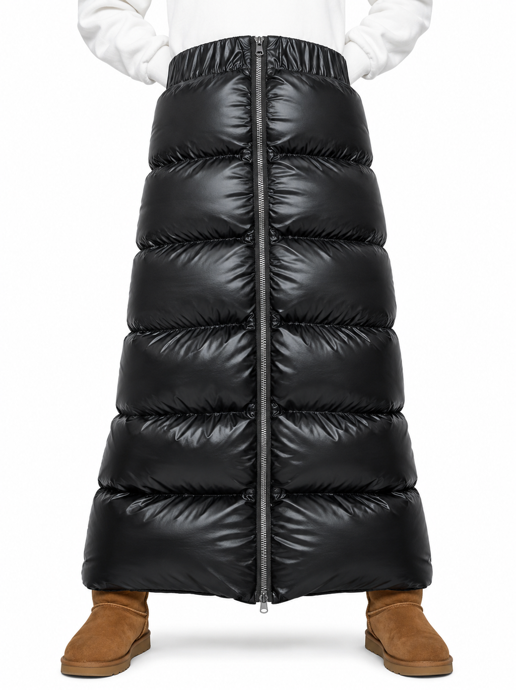 Women’s Black Shiny Nylon Quilted Maxi Puffer Skirt