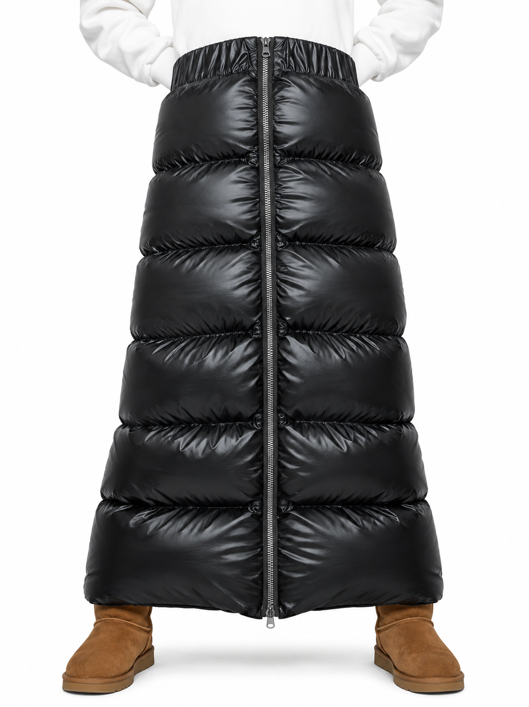 Women’s Black Shiny Nylon Quilted Maxi Puffer Skirt