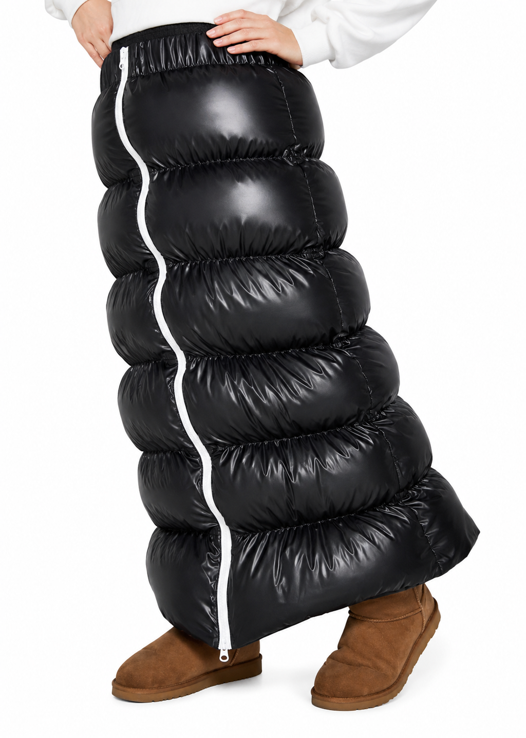 Women’s Black Shiny Nylon Quilted Maxi Puffer Skirt