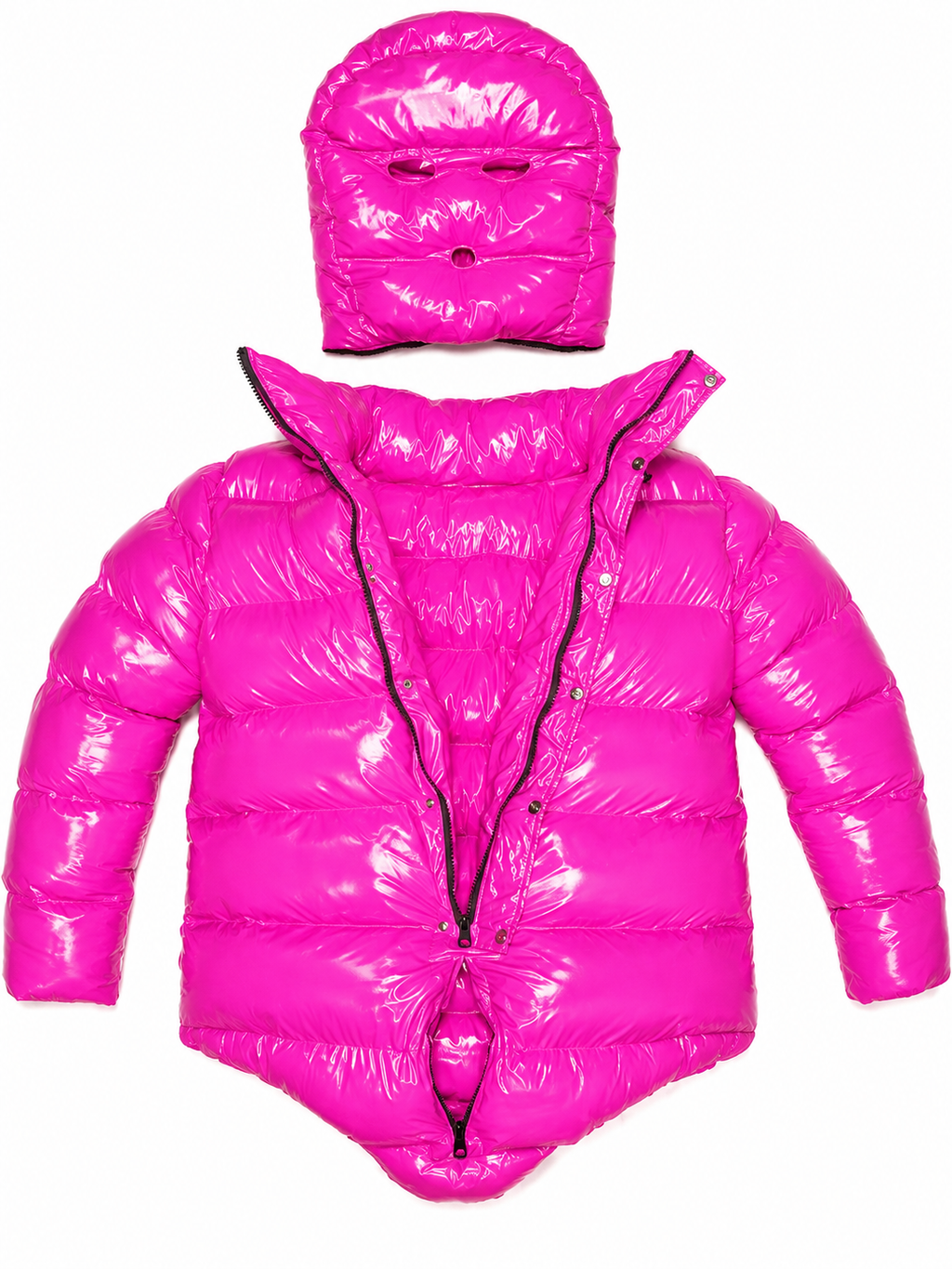 Hot Pink Shiny Nylon Hooded Puffer Bodysuit with Face Mask
