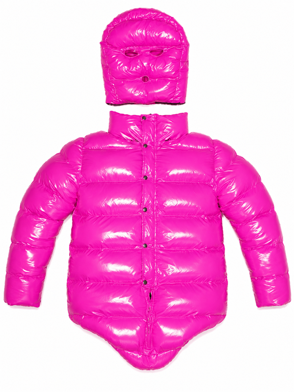 Hot Pink Shiny Nylon Hooded Puffer Bodysuit with Face Mask