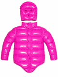 Hot Pink Shiny Nylon Hooded Puffer Bodysuit with Face Mask