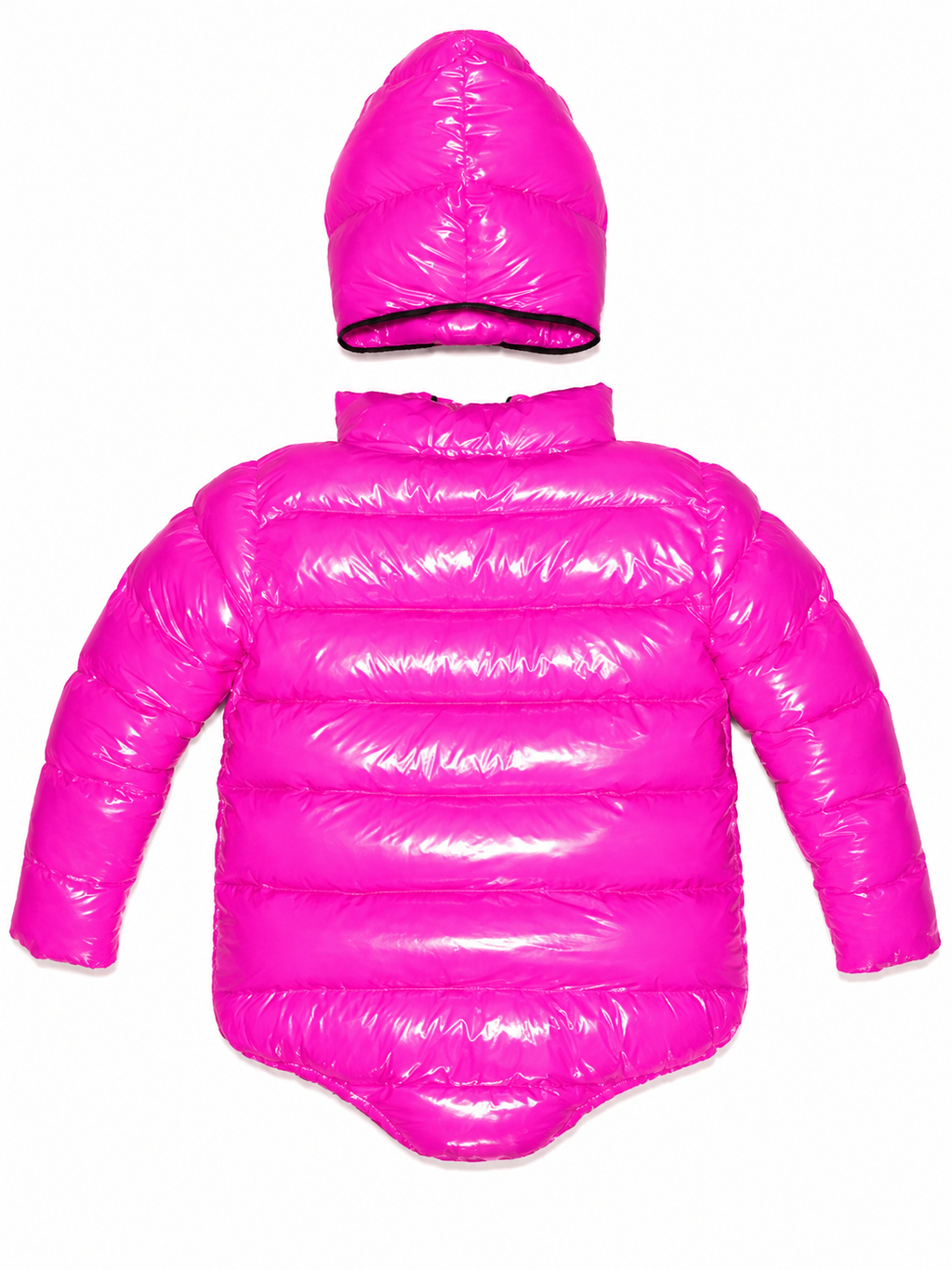 Hot Pink Shiny Nylon Hooded Puffer Bodysuit with Face Mask