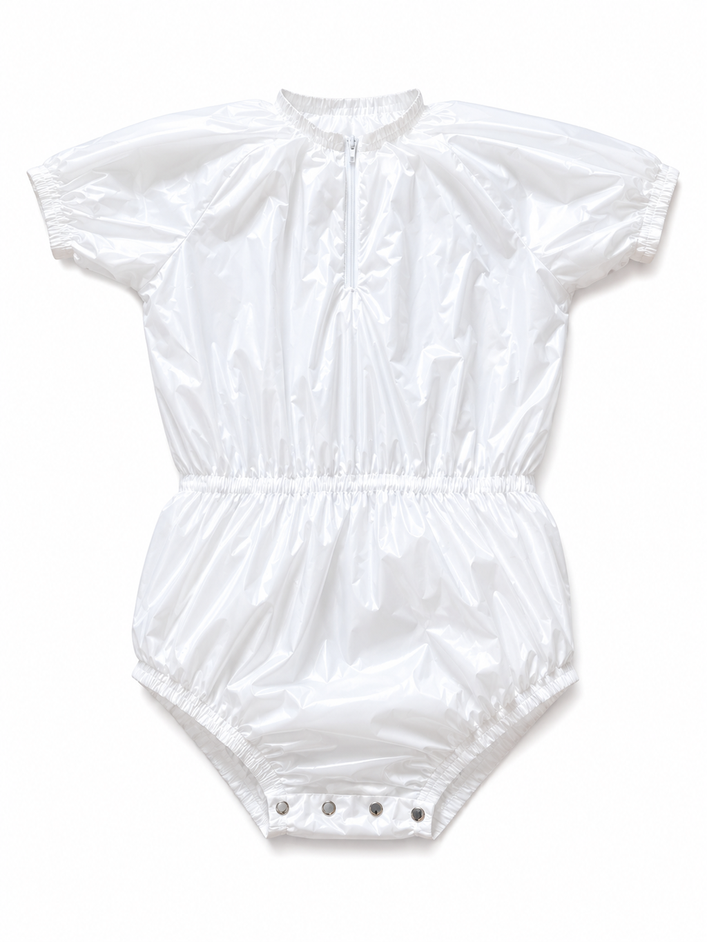 White Shiny Nylon Zip Front Bodysuit Romper